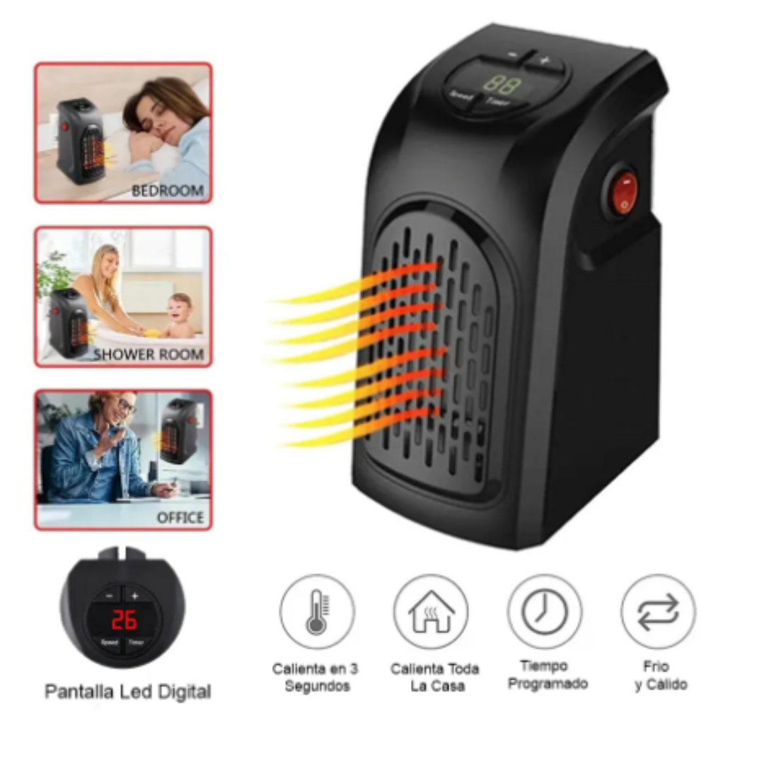 Usos del calefactor portátil en dormitorio, baño y oficina, con pantalla LED digital