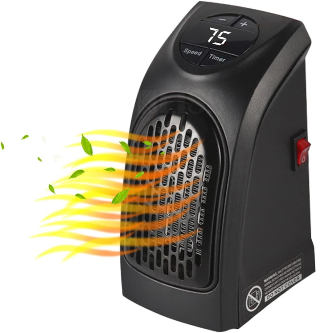 Calefactor de enchufe entregando calor con pantalla de temperatura