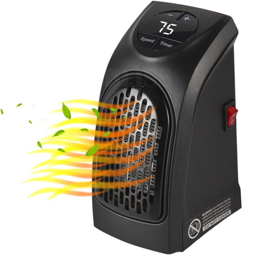 Calefactor de enchufe entregando calor con pantalla de temperatura