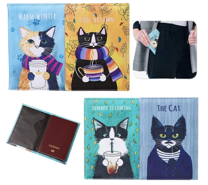 Diseños surtidos de porta pasaporte de gato y vista interior con pasaporte