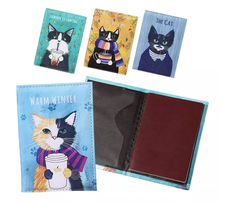 Porta pasaporte diseño gato en distintos modelos ilustrados