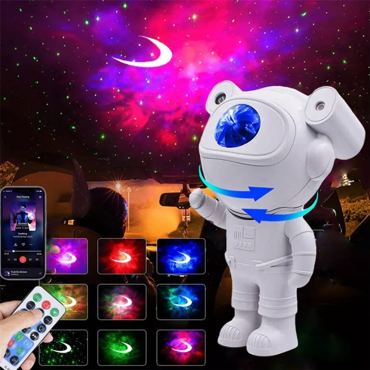 Proyector astronauta LED proyectando nebulosa y estrellas de colores, con control remoto
