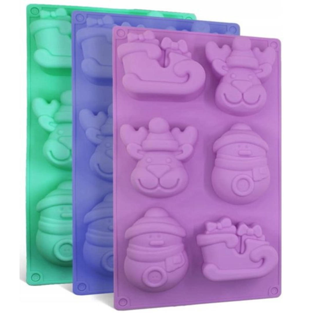 Moldes de silicona navideños de 6 figuras: reno, muñeco de nieve y trineo