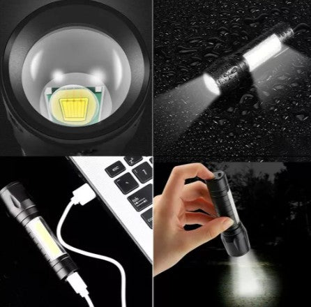 Linterna táctica con zoom, luz lateral COB y carga USB