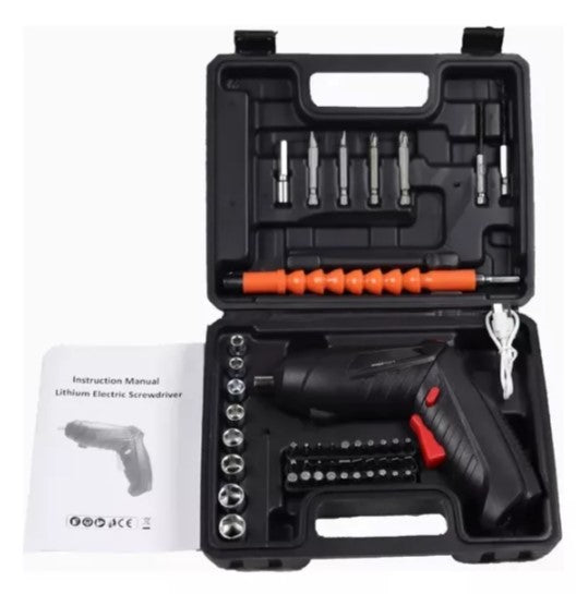 Maletín del atornillador con puntas, dados, extensión flexible, cable USB y manual