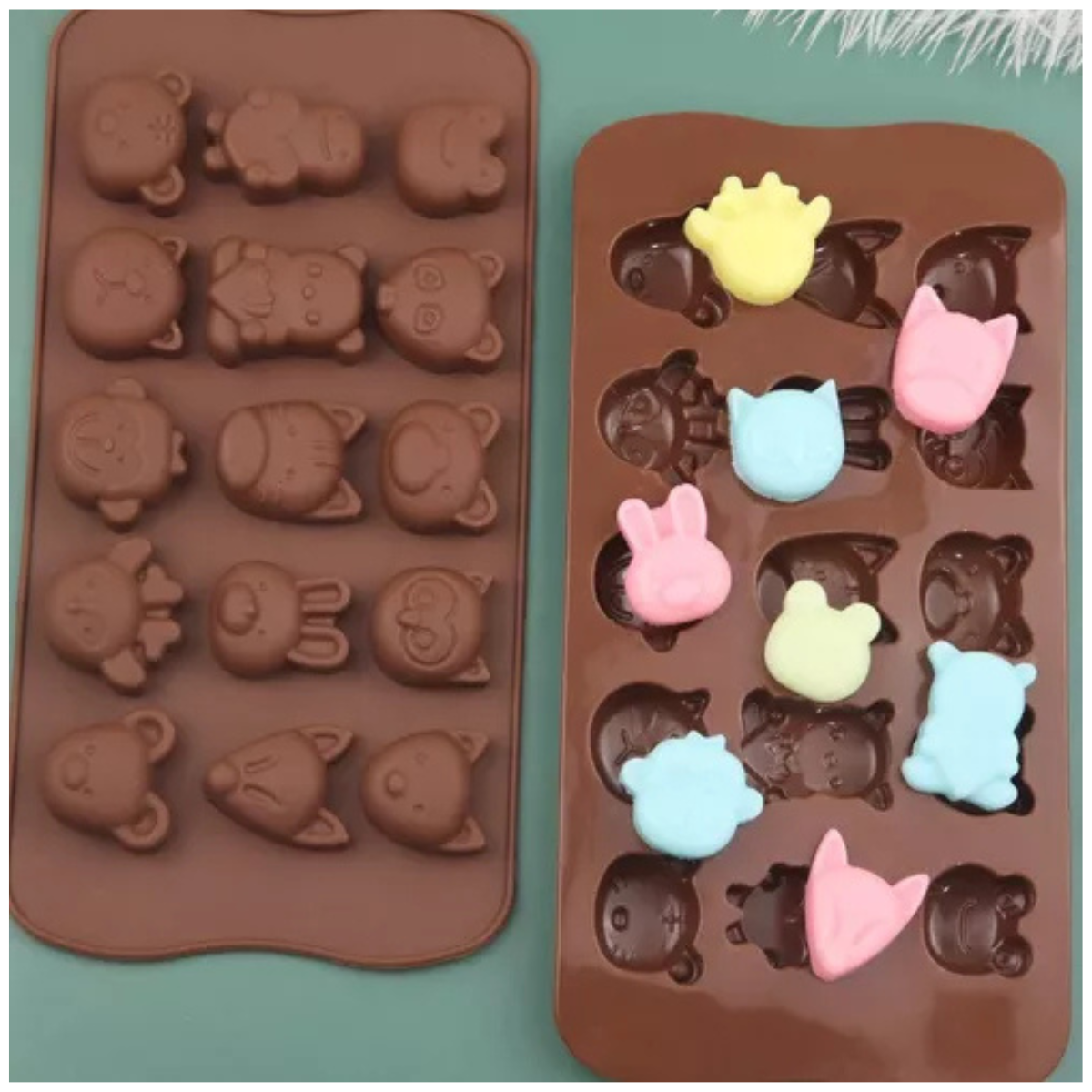 Molde de animalitos con figuras de gomitas de colores desmoldadas