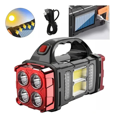 Linterna LED solar recargable portátil con 4 focos LED, luz COB lateral, panel solar y cable USB