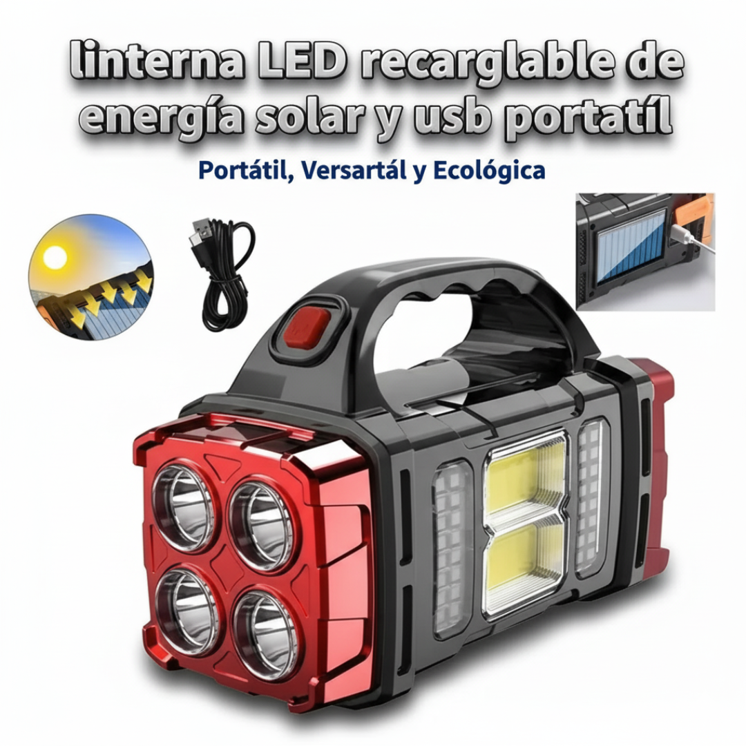 Linterna LED recargable de energía solar y USB, portátil y versátil