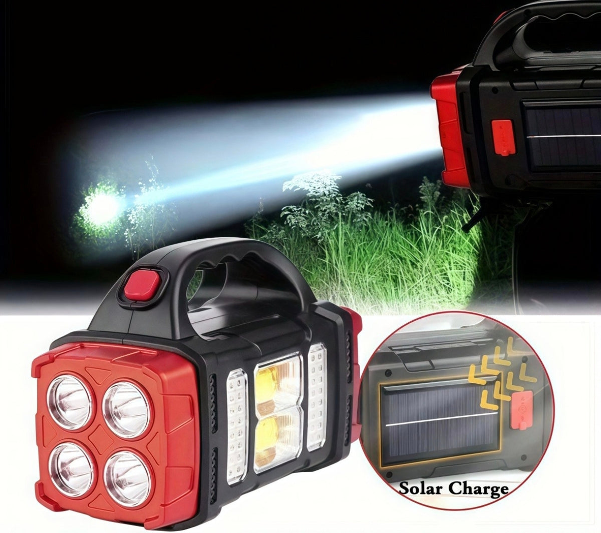 Linterna LED solar iluminando de noche con su panel de carga solar lateral