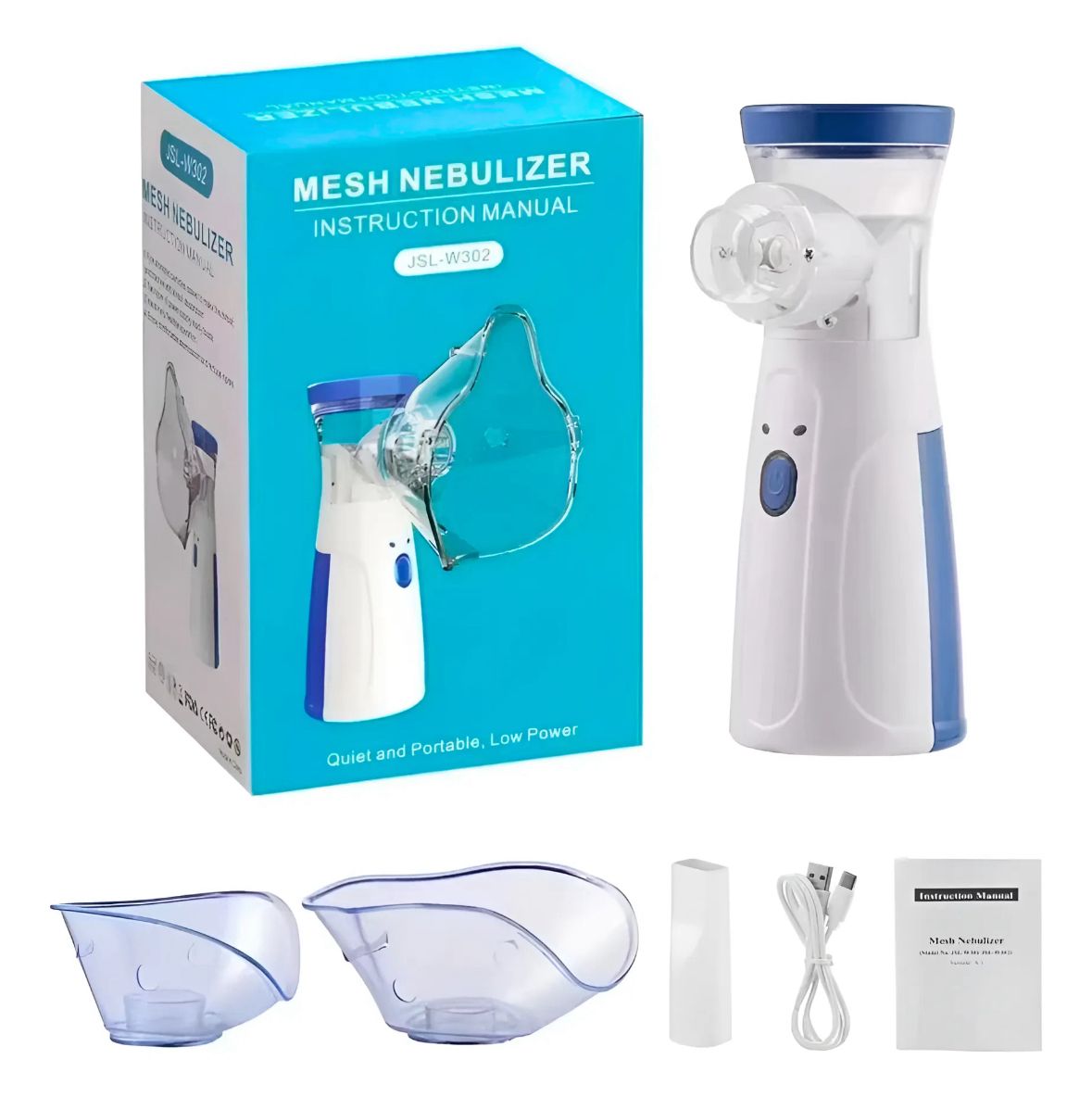 Nebulizador de malla portátil JSL-W302 con caja, mascarillas para adulto y niño, boquilla y cable USB