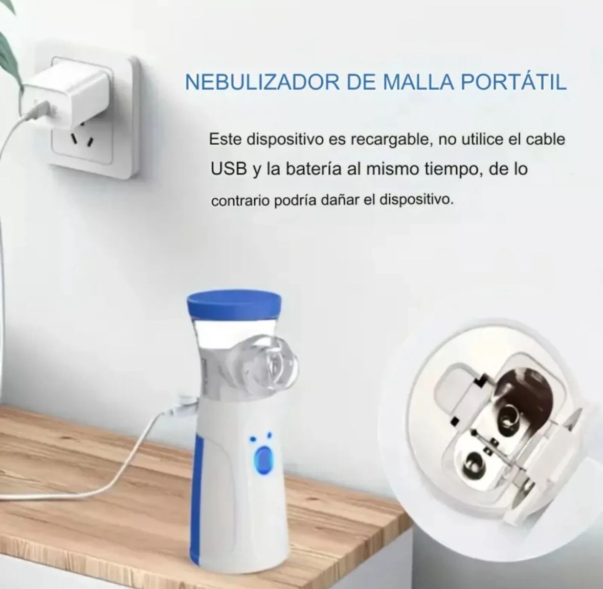 Nebulizador de malla portátil JSL-W302 conectado por cable USB y compartimento de pilas