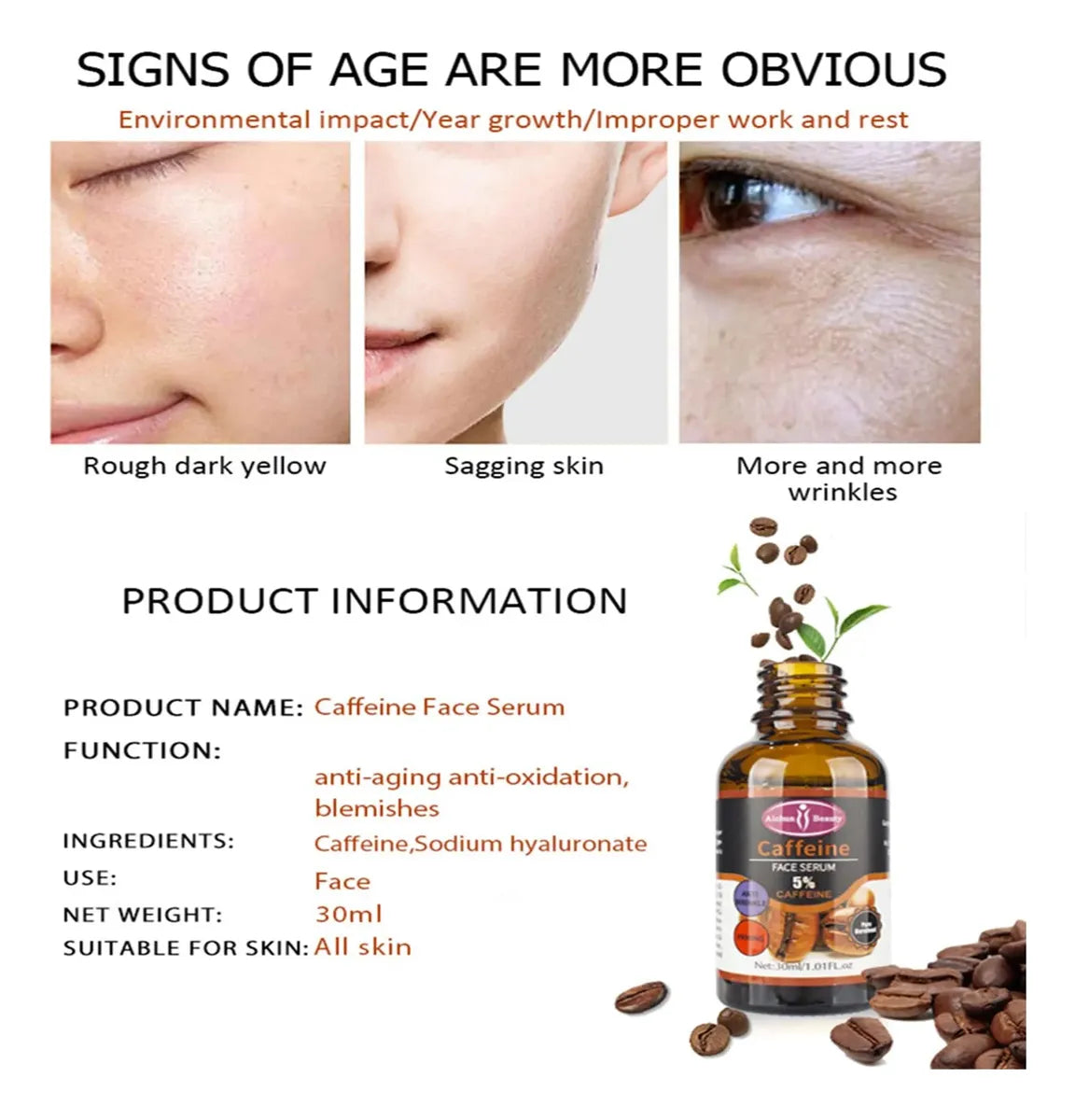 Información del sérum de cafeína: 30 ml, con cafeína e hialuronato de sodio