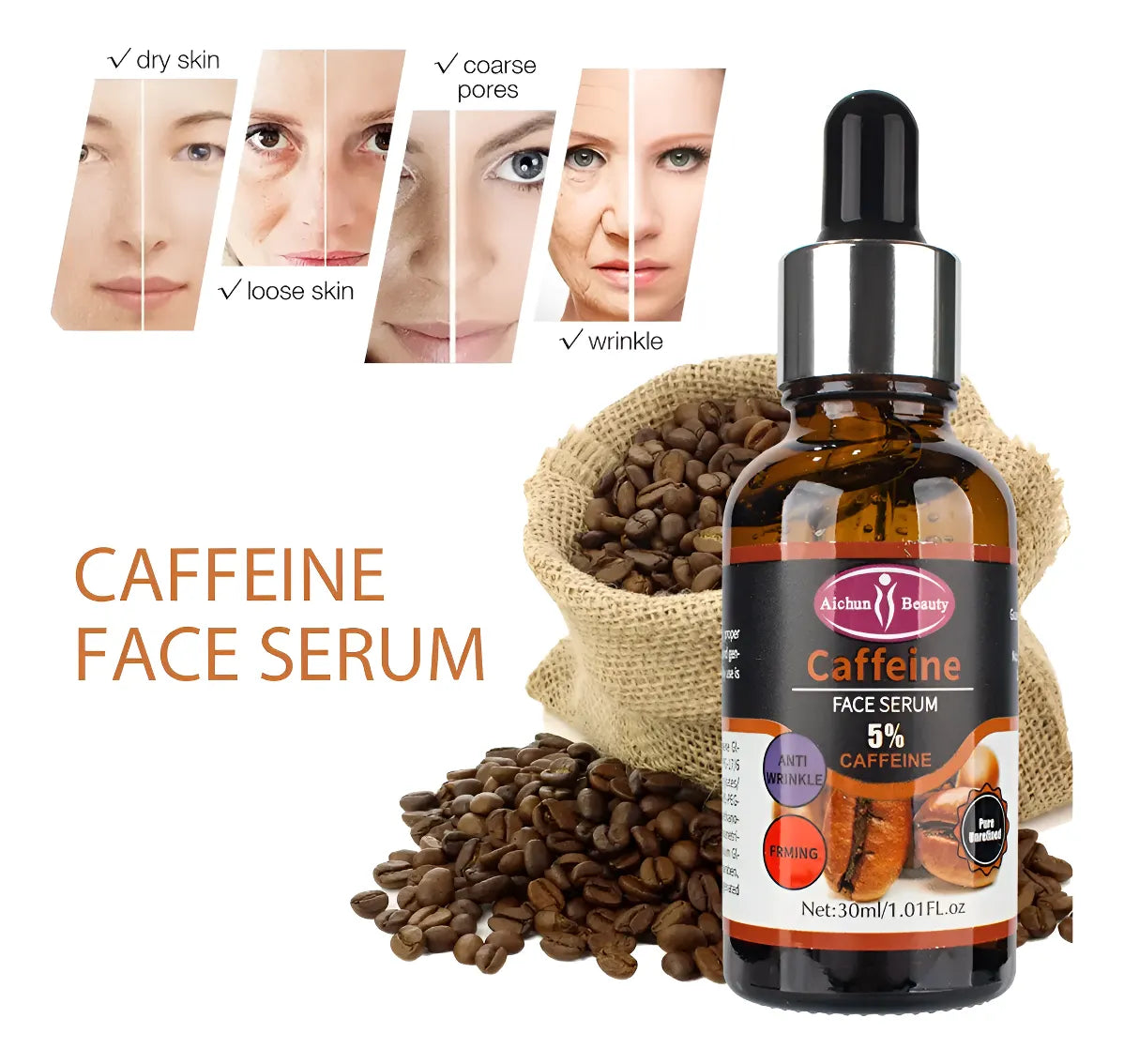 Sérum de cafeína junto a granos de café