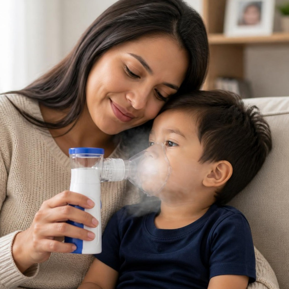 Madre usando nebulizador portátil silencioso con su hijo en el sofá